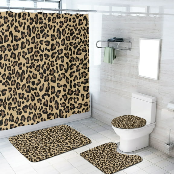 Leopard Print 4 Pieces Shower Curtain Set with Non-Slip Rug Wild Safari Skin Pattern Powerful Cheetah with Non-Slip Rugs Toilet Lid Cover and Bath Mat Bathroom Decor Set, 72x72 Inch