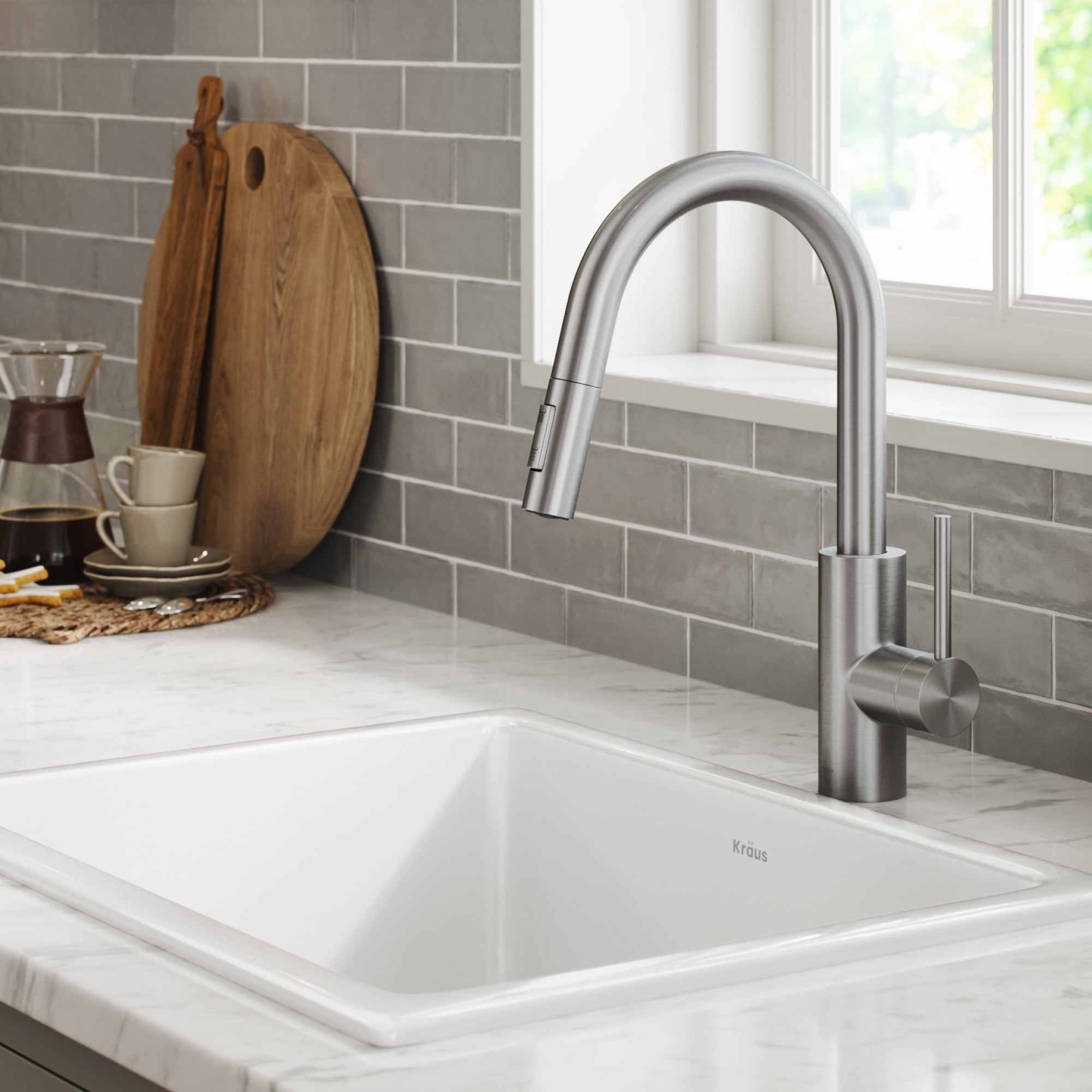 KRAUS Oletto Single Handle Pull Down Kitchen Faucet with QuickDock Top Mount Installation Assembly in Spot Free Stainless Steel
