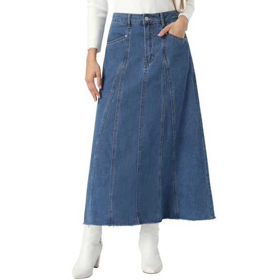 INSPIRE CHIC Casual Denim Maxi Skirt for Womens High Waisted Flared Panel Long Jean Skirts S Blue