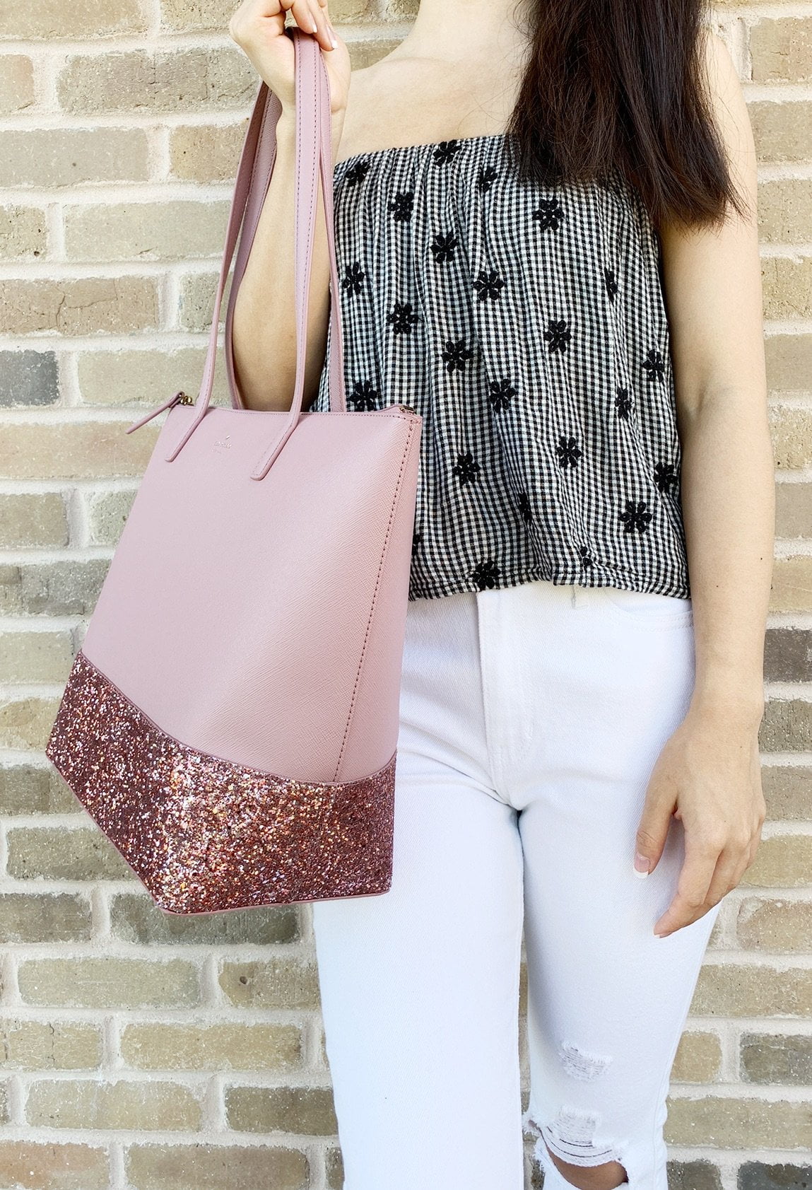 kate spade greta court penny glitter large top zip tote pink glitter