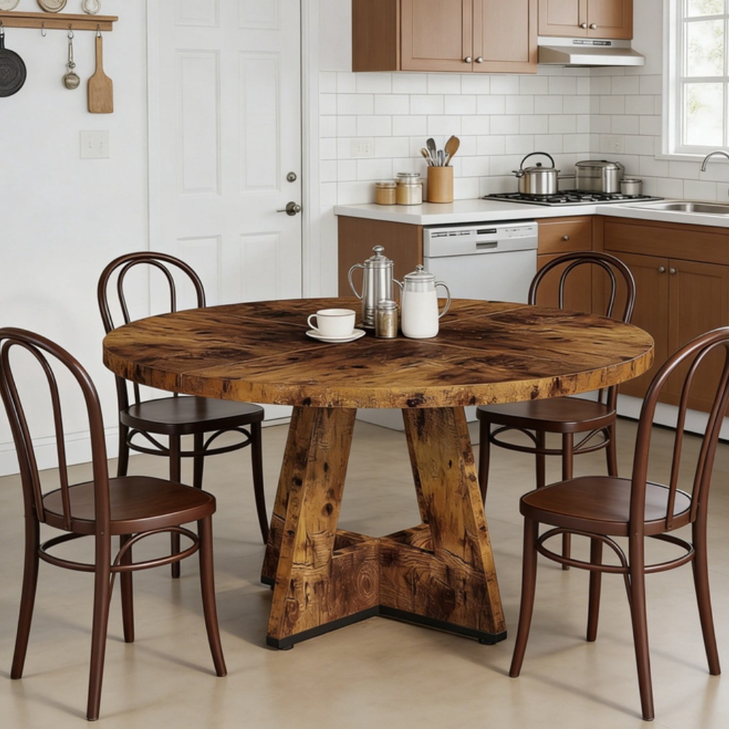 Farmhouse Round Dining Table, 47 in Diameter, Rustic Finish, Seats 4