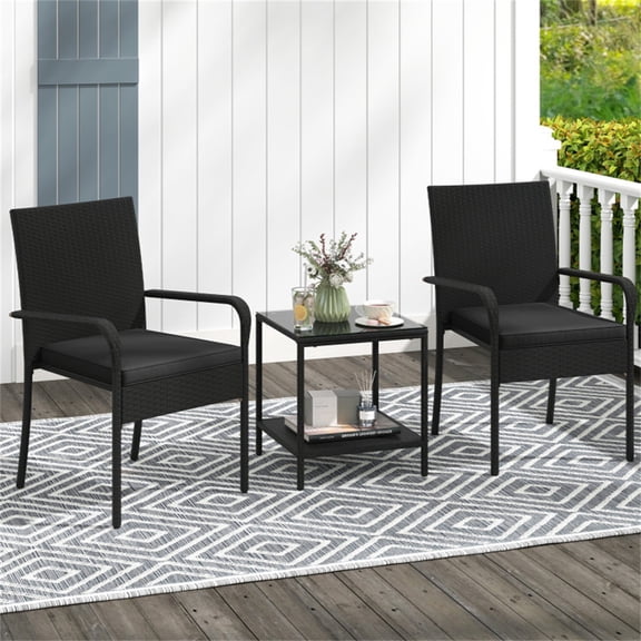 3-Piece Patio PE Wicker Bistro Set, Tempered Glass 2-Tier Side Table Outdoor Chair Set-Black