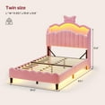 thumbnail image 4 of Twin Size Princess Bed Velvet Upholstered Platform Bed with LED Light & Charging Station,with Storage Headboard, Bow Accent, No Box Spring Needed, Pink, 4 of 9
