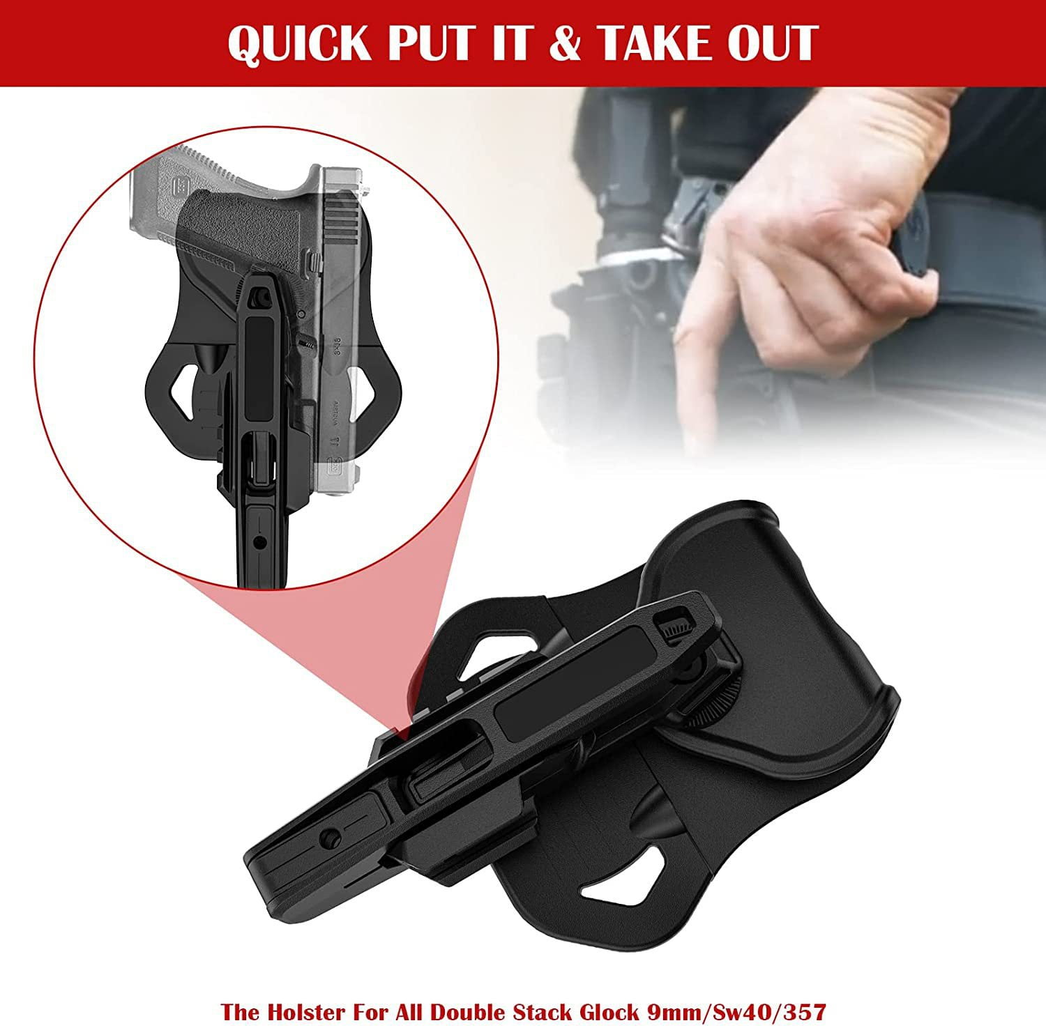 Suitable for all Double Stack Glock 9mm/SW40/357 holsters with integrated rails