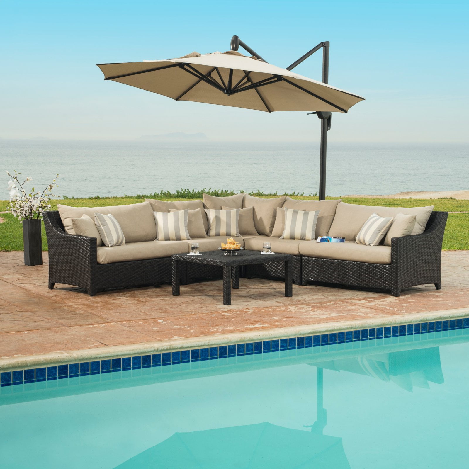 RST Deco Wicker 6 Piece Patio Sectional Conversation Set with Umbrella