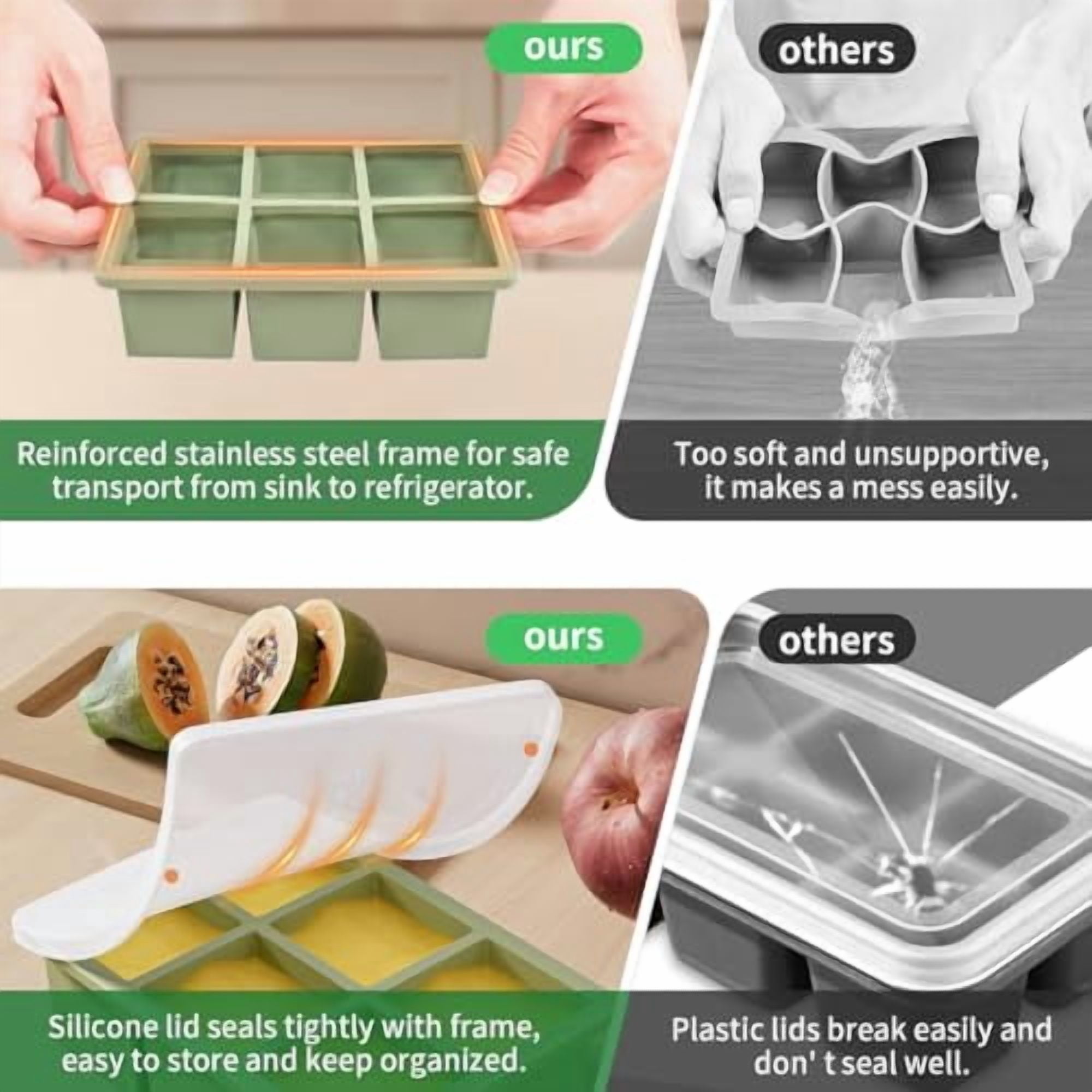 Large Square Silicone Ice Cube Tray with Lid, 2-Pack Big Ice Cube Maker for Whiskey Cocktails, 2-Inch Huge Ice Mold Tray for Old Fashioned Drinks & Cold Beverages