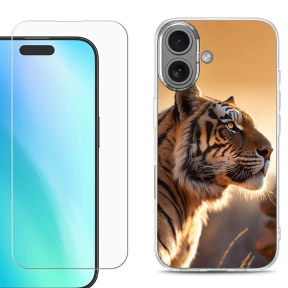 For iphone 16 Plus Phone Case Cover, Shockproof Case with Tempered Glass Screen Protector, by OneToughShield - Tiger