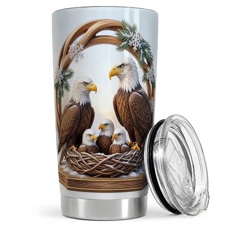 Bald Eagle Family Nest 20oz Tumbler, Eagle Lover Tumbler, Daily Coffee Cup, Snowy Wicker Perch With Pine Arch And Snowflakes, Winter Wildlife Bird Art, Outdoor Birdwatcher Women And Men