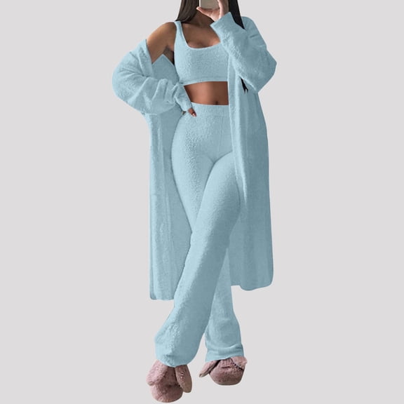 YueHuiYing Women's 3 Piece Casual Suit Soft Casual Home Solid Long Sleeve Tops Coats And Tank And Long Pants Sets