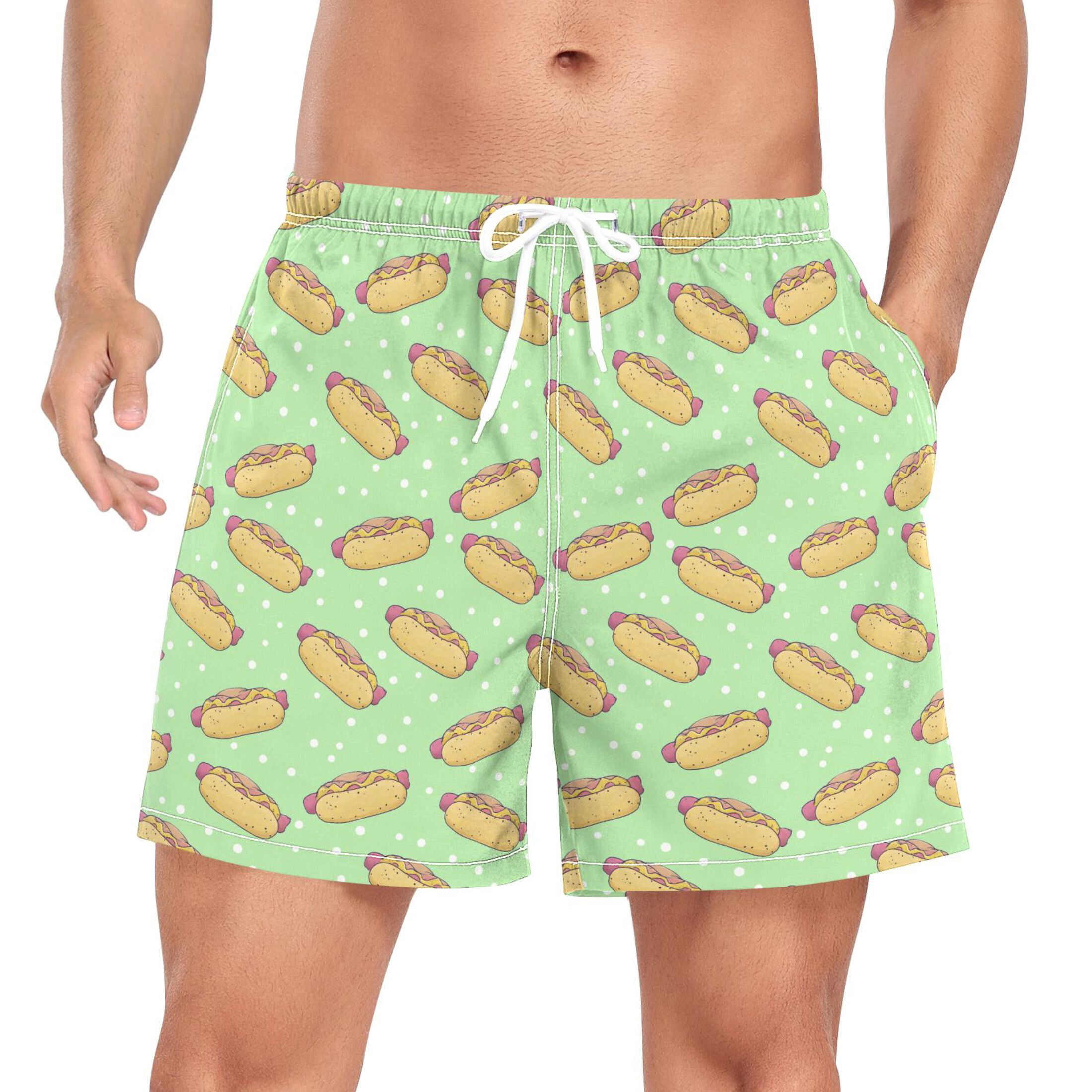 joogoo Men's Hot Dogs Swim Trunks with Liner Pocket Beach Shorts L