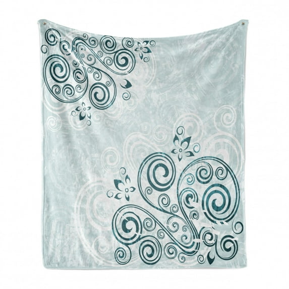Floral Soft Flannel Fleece Throw Blanket, Vintage Inspired Swirled Lines Leaves Petals Shabby Classic Image Print, Cozy Plush for Indoor and Outdoor Use, 70" x 90", Baby Blue Jade Green, by Ambesonne