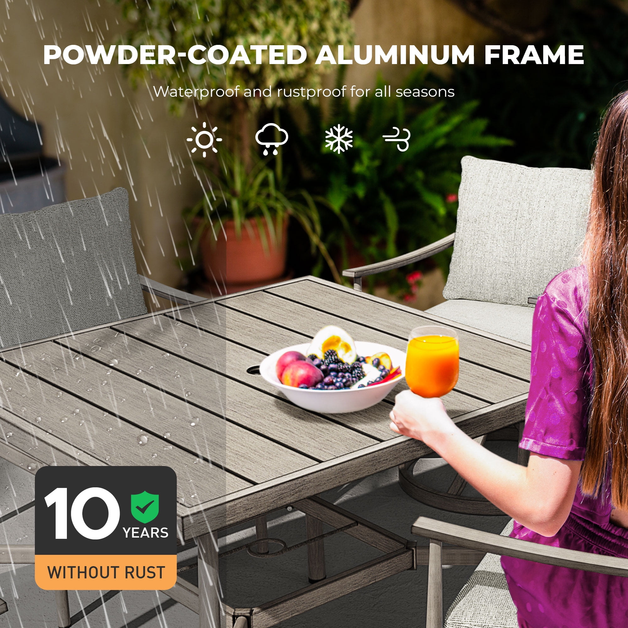 HAPPATIO 5-Piece Outdoor Dining Set for 4, Aluminum Patio Dining Setcludes 1 Large Square Table with Umbrella Hole, 2 Swivel Dining Chairs, and 2 Dining Chairs, for Lawn, Porch, Backyard (Grey)