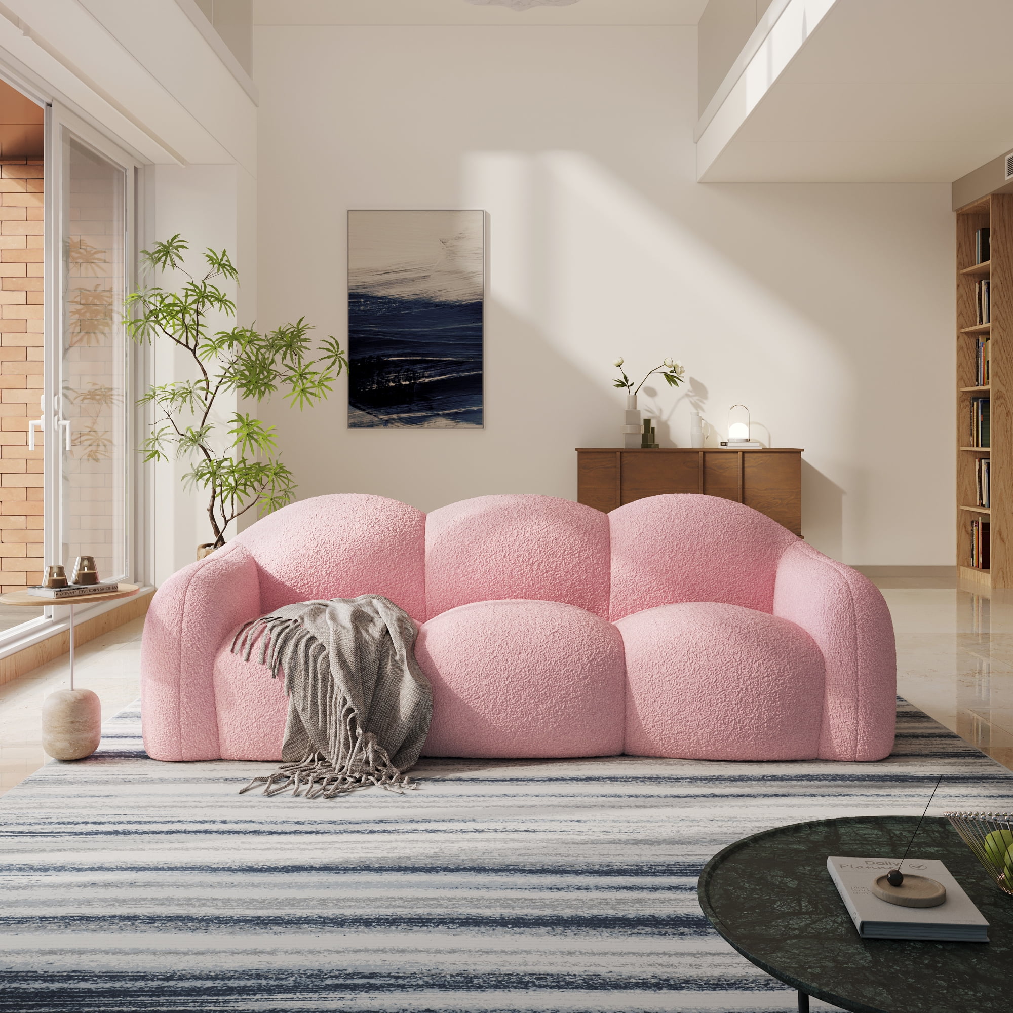 The Magic Home 90" Modern Cloud Couch for Living Room, Boucle LoveSeat 3 Seater Sofa, Plush Floor Sofa Couch for Bedroom, Apartment, Small Space (Pink Couch, No Assembly Required)