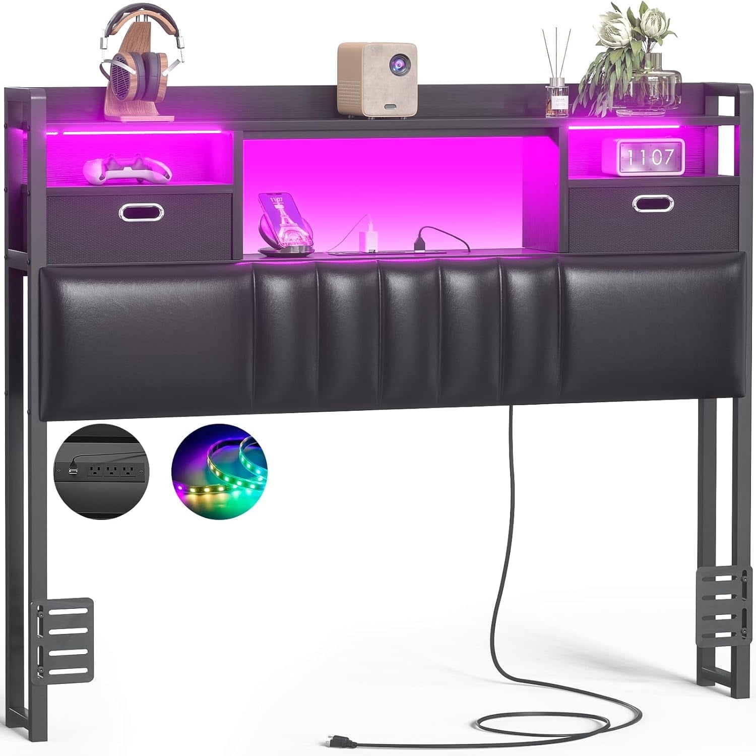 Homieasy Twin Headboard with Drawer Storage and RGB LED Light, Twin Size Upholstered Headboard with Charging Station and Bookcase, for Bedroom/Dorm Room/Guest Room, Black