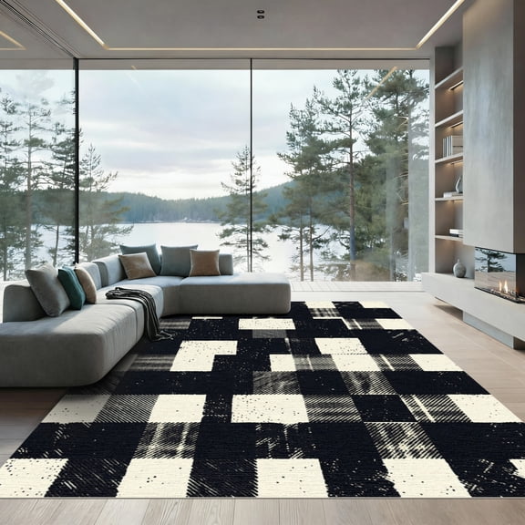 ODIKA 4'x6' Machine Washable Non-Slip Area Rug, Rustic Black High Traffic Rug, Black, 1116772