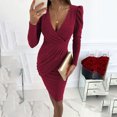 thumbnail image 2 of Sexy Dresses for Women Lowcut Ruched Slim Fitted Pencil Dress Long Sleeve Solid Color Elegant Tight Dress for Women, 2 of 6