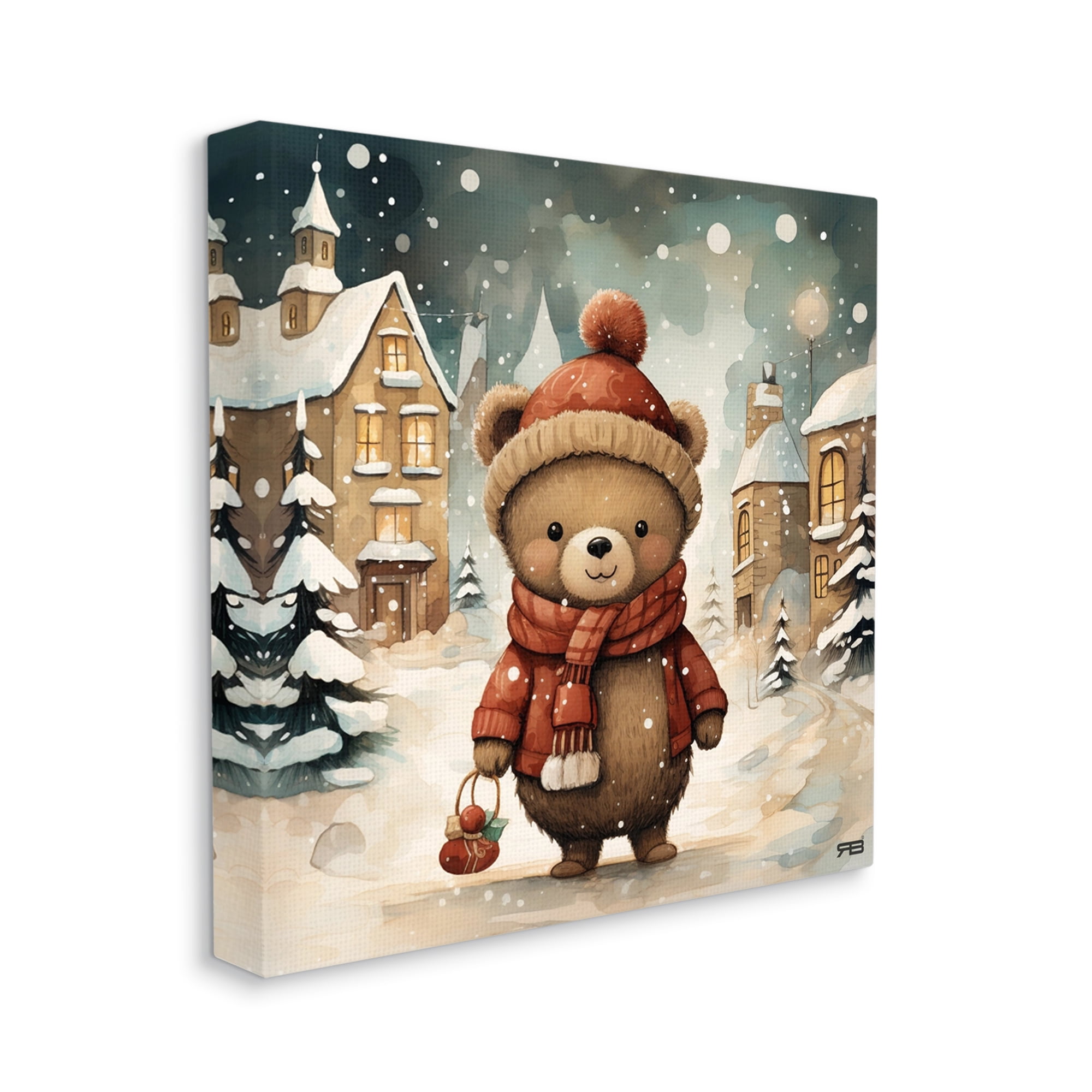 Stupell Industries Bear in Snowy Winter Village Animals & Insects Painting Gallery Wrapped Canvas Art Print Wall Art, 17 x 17
