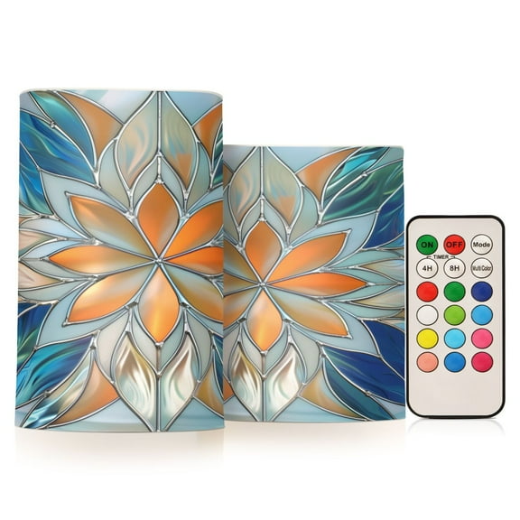 Flickering Flameless LED Candles set of 2 Battery Operated 18-Key Remotes Timer Halloween Fall Decor Orange Blue Floral Stained Glass D3''xH4''5''
