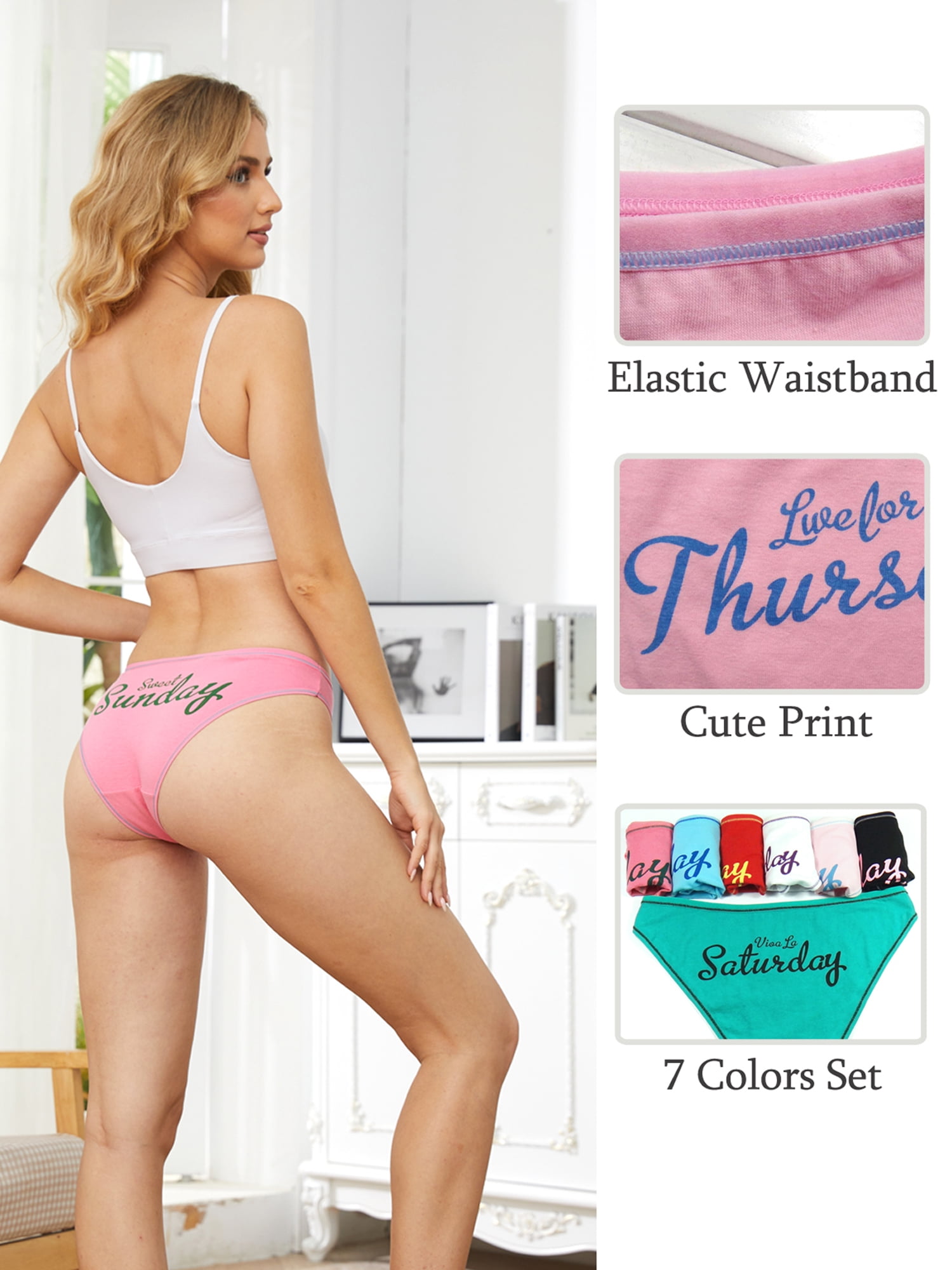 Buankoxy Women's Cotton Underwear Panties Week Days Printed Briefs,7-Pack,Size  6 