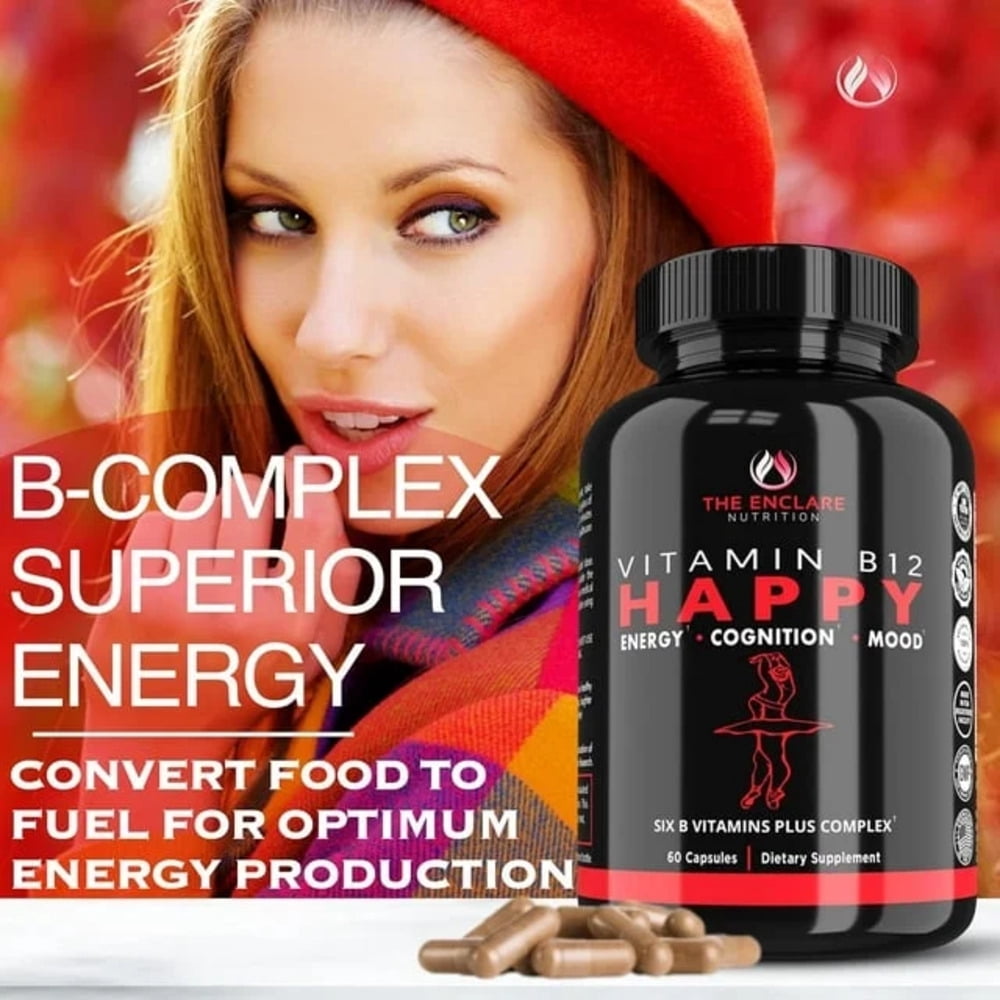 Vitamin B12 2000 mcg 60 Capsules, Vitamin B Complex Energy Supplement, Metabolism Booster with Vitamin B-12, B6, B7 as Biotin, B3 as Niacin, Folic Acid, B1, B2, B5, B9 & Vitamin C - 60 ct with Box