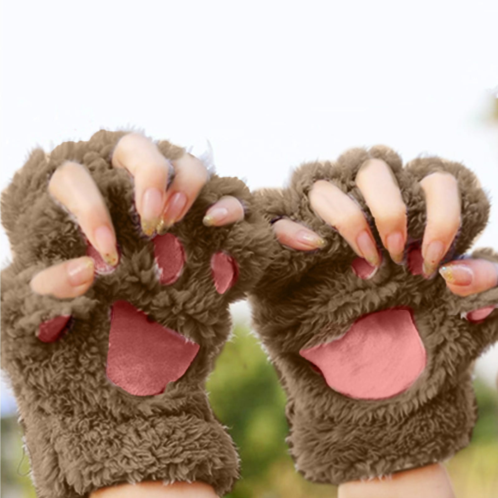 Womens Girls Fingerless Gloves Bear Claw Paw Winter Warm Soft Plush Half Finger