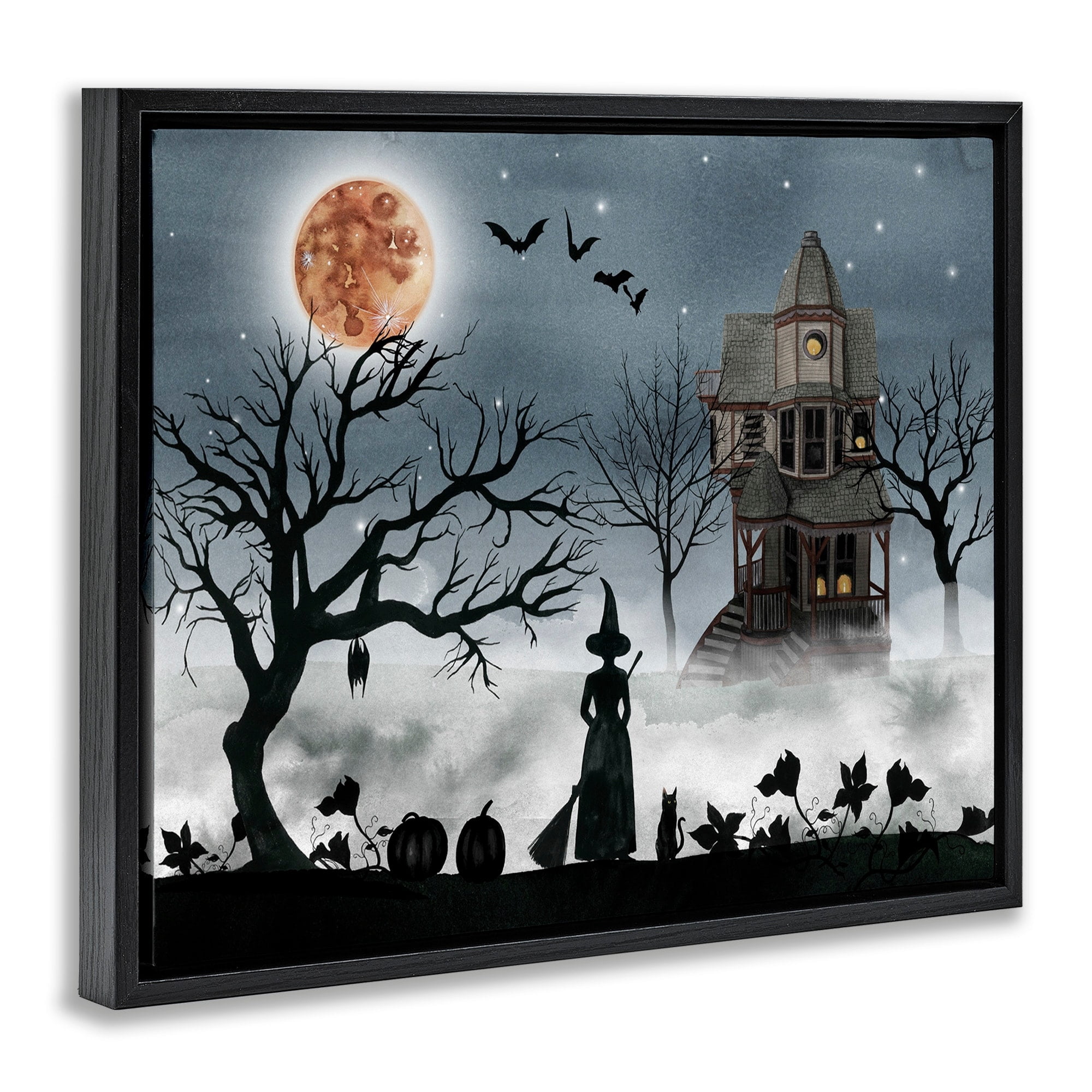 Stupell Industries Halloween Witch Silhouette in Full Moon Haunted House Scene Jet Black Framed Floating Canvas Wall Art, 24x30, by Grace Popp