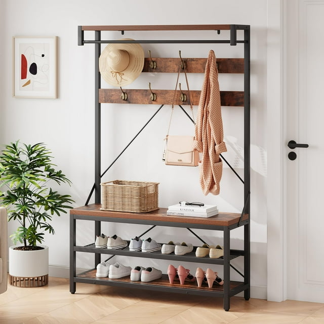 BeesClover Industrial Coat Rack Shoe Bench 72" Hall Tree Shoe Rack for Entryway Large Storage Shelf and Removable Hooks Metal Frame