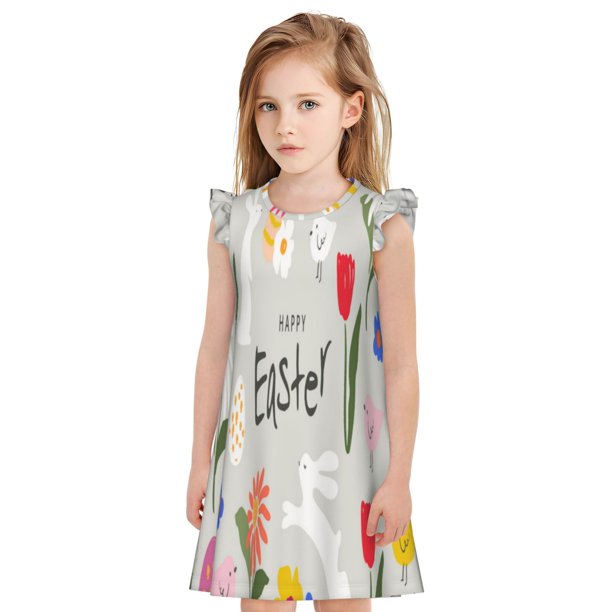 Fotbe Happy Easter Vestido de Dormir para Niñas de 3 a 10 Años, Mangas Cortas, Estilo Princesa, Pijama Camisón con Mangas Voladas-Small