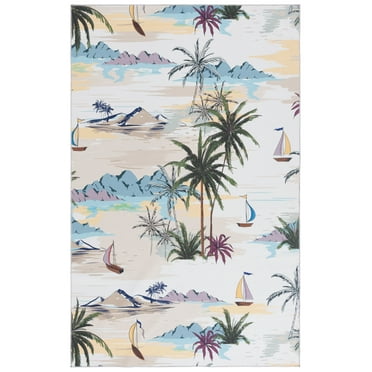 SAFAVIEH Malibu Florence Leaves Polyester Machine Washable Area Rug, Ivory/Taupe, 4' x 6'