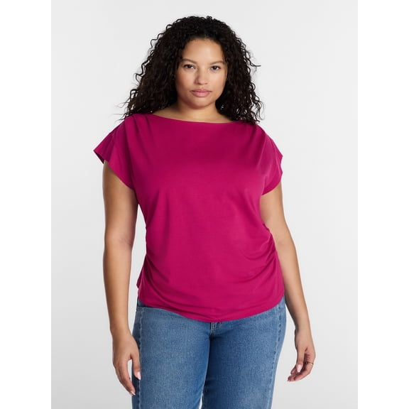 Terra & Sky Women’s Plus Pleated Shoulder Top with Short Sleeves, Size 0X-5X