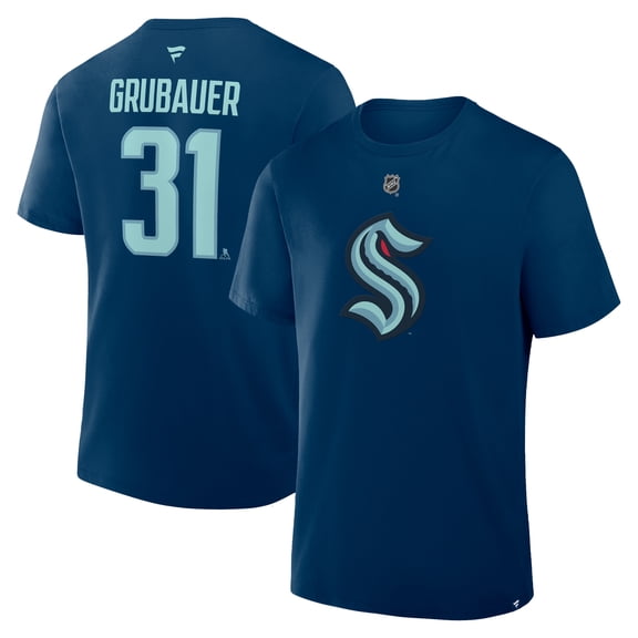 Men's Fanatics Philipp Grubauer Navy Seattle Kraken Authentic Stack Name & Number T-Shirt