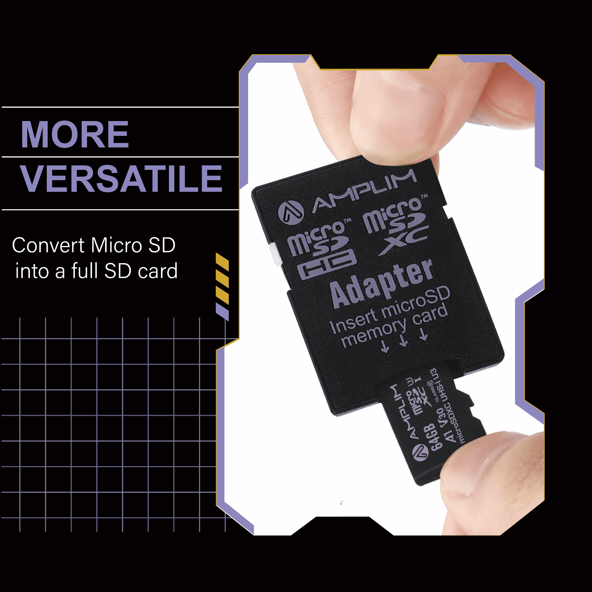 Amplim Micro SD Card 64GB | MicroSD Memory Plus Adapter | A1 MicroSDXC U3 Class 10 V30 UHS-I for Nintendo, GoPro Hero, Surface, Phone, Camera Cam, Tablet | Purple