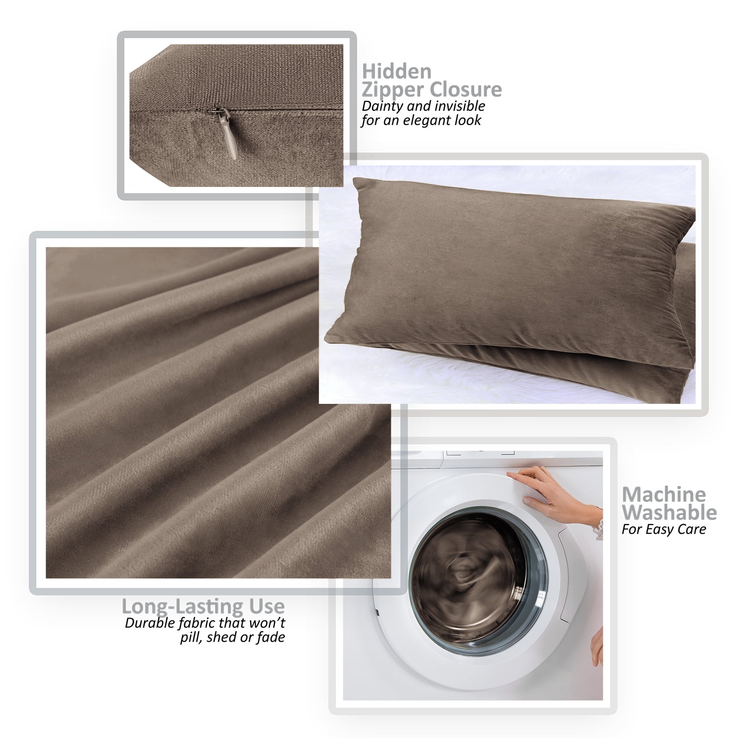 Clara Clark Plush Solid Decorative Microfiber Square Throw Pillow Cover with Throw Pillow Insert for Couch, Brown, 20"x20"", 4 Piece Decorative Soft Throw Pillow Set