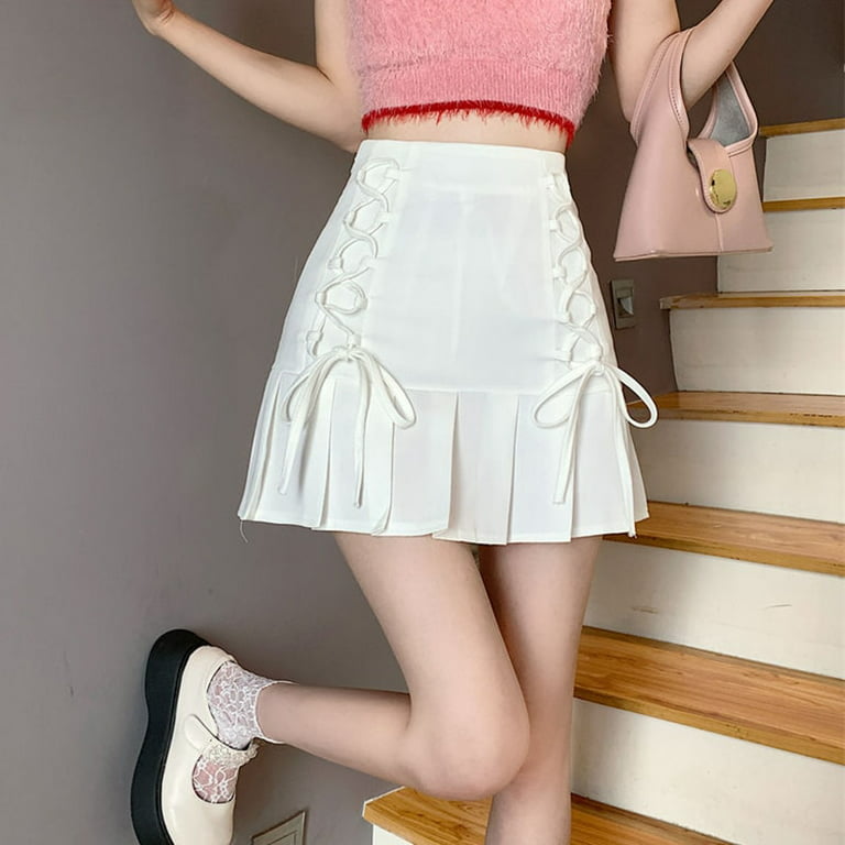 PIKADINGNIS Korean Fashion Bow Strap Mini Skirts Womens Summer High Waist  Pleated Skirt Woman Preppy Style Black White Skirts