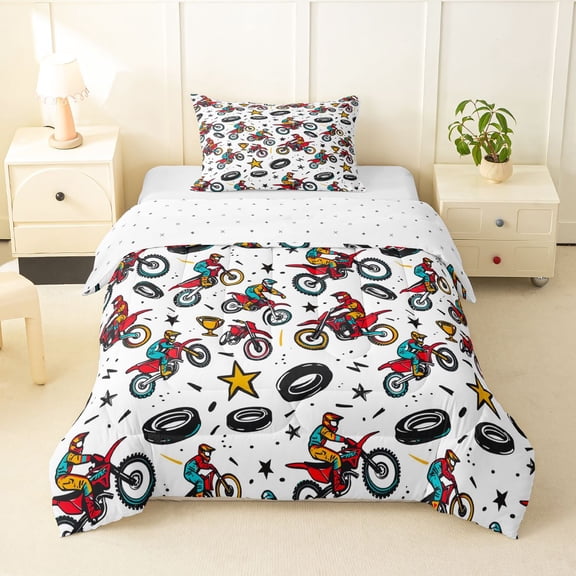 Manfei Sporty Motocross Twin Comforter Sets,Cute Stars Bedding Set,White,Reversible,2 Pieces,1 Comforter and 1 Pillowcase
