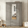 thumbnail image 3 of 3-Door Mirror Wardrobe Cabinet Closet  2 Drawers and Storage Shelves,  Bedroom Organizer, Gray, 3 of 7