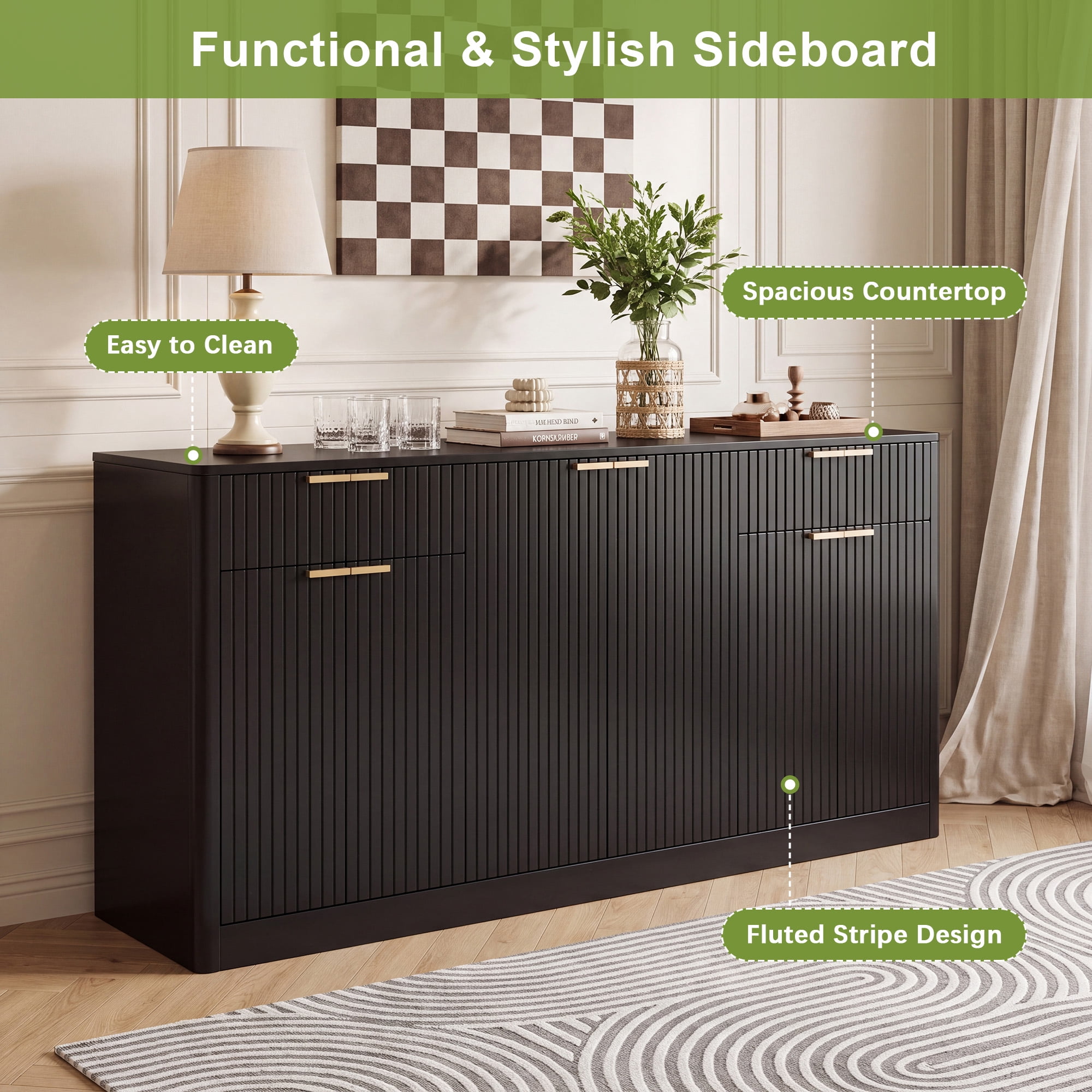GARITIN 67 Inch Fluted Buffet Sideboard, Modern Wine Bar Storage Cabinet with 6 Doors & 2 Drawers, Coffee Bar Credenza for Dining Room Living Room Entryway, Black