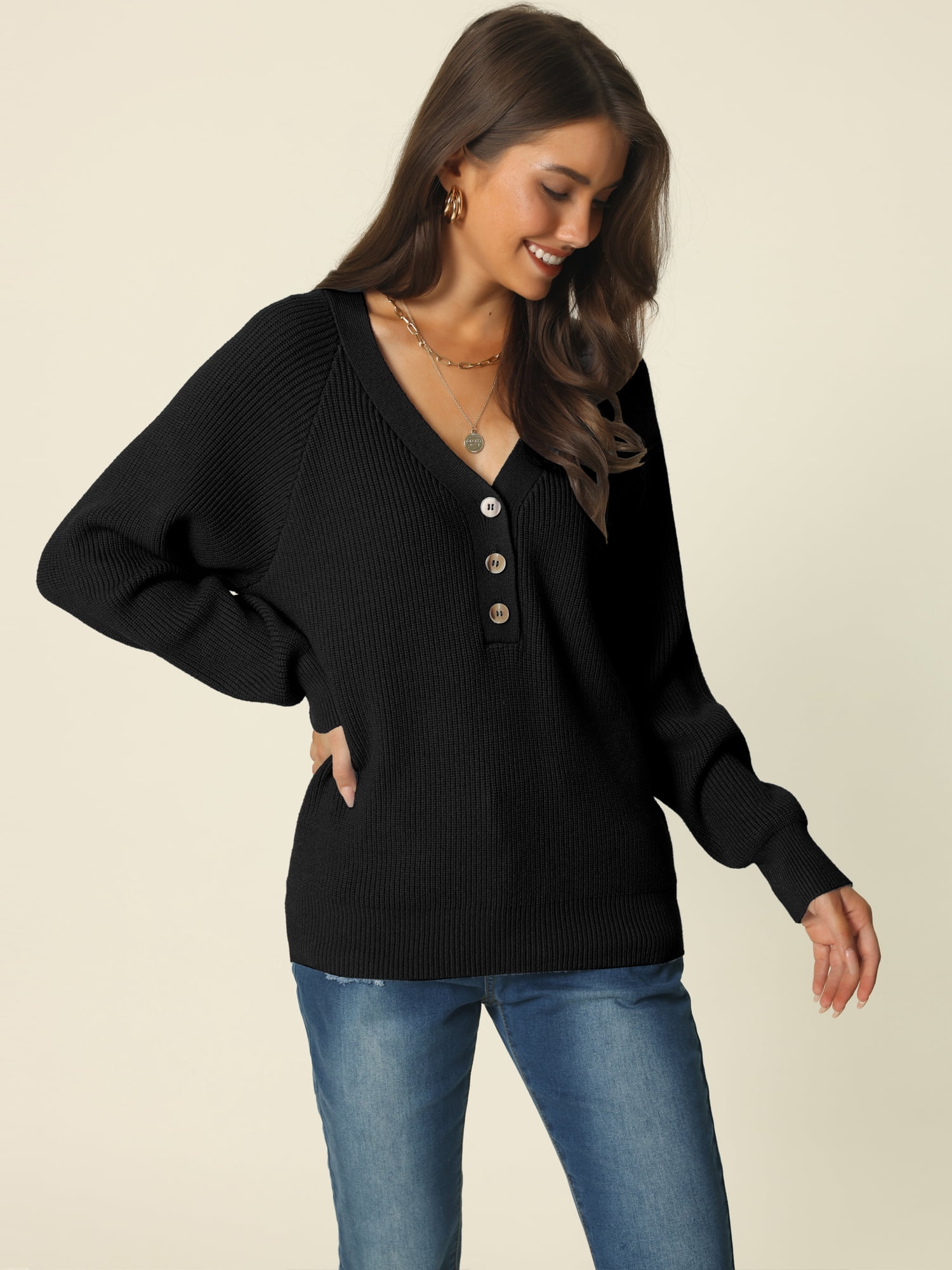 Women's V Neck Button Up Long Sleeve Ribbed Knit Loose Chunky Warm Pullover Sweater Top M Black