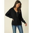 thumbnail image 2 of Women's V Neck Button Up Long Sleeve Ribbed Knit Loose Chunky Warm Pullover Sweater Top M Black, 2 of 6