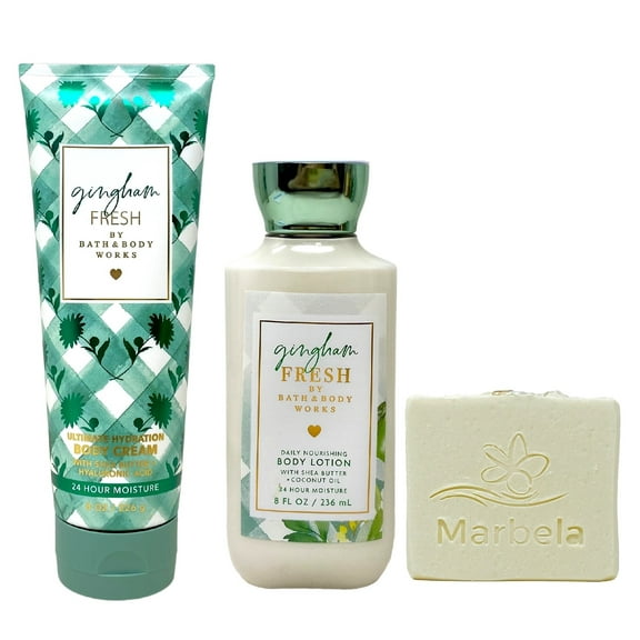 Bath & Body Works Gingham Fresh Body Cream and Body Lotion Duo Set with a Natural Oats Bar Soap - Full Size