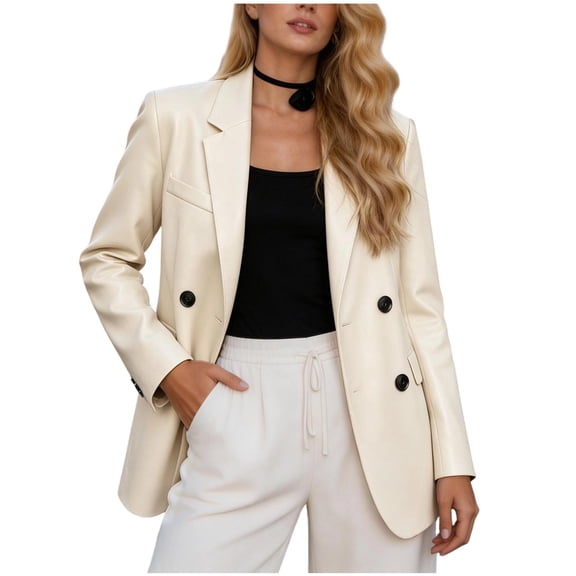 Ecqkame Women's Faux Leather Blazer Jacket Long Sleeve Lapel Double Breasted Suit Coats Loose Fit Casual Trendy Office Outerwear White XXL