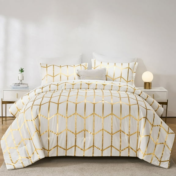 Davulos Twin Comforter Set White,5 Pieces Bed in a Bag Geometric Bed Sets Luxury Golden Stripe Bedding Set with Comforters,Sheets,Pillowcases & Shams