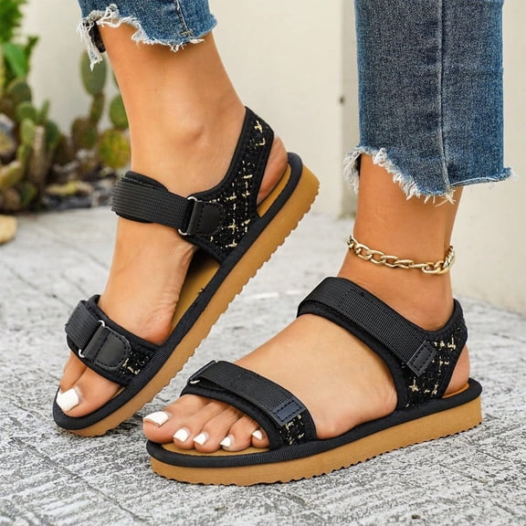 HTHLVMD Woven Strap Sport Sandals, Adjustable Velcro Shoes, Women's Open Toe Buckle Ankle Strap Slingback Sandals Dressy Casual Flat Sandals With Textured Upper for Summer Wear, Black 5.5