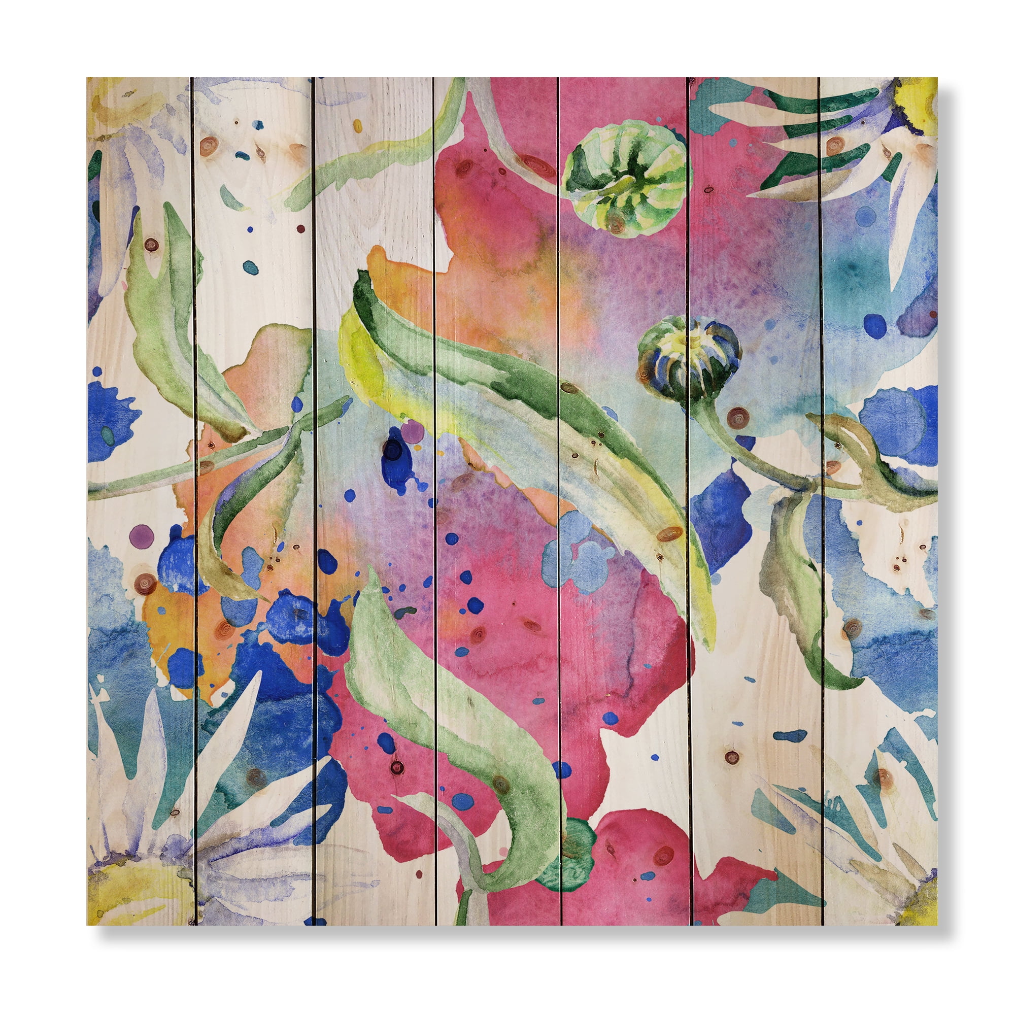 Designart 'Iridiscent Colorful Daisy Flowers' Transitional Print on Natural Pine Wood