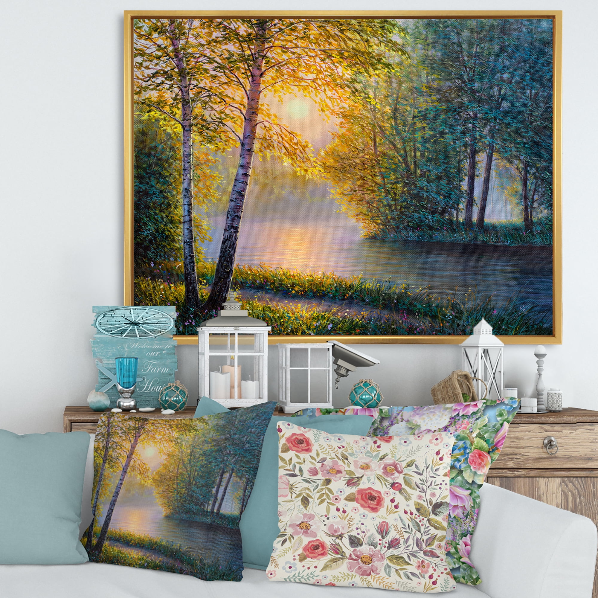 Designart 'Sunrise Summer With Beautiful River Spring Forest' Lake House Framed Canvas Wall Art Print