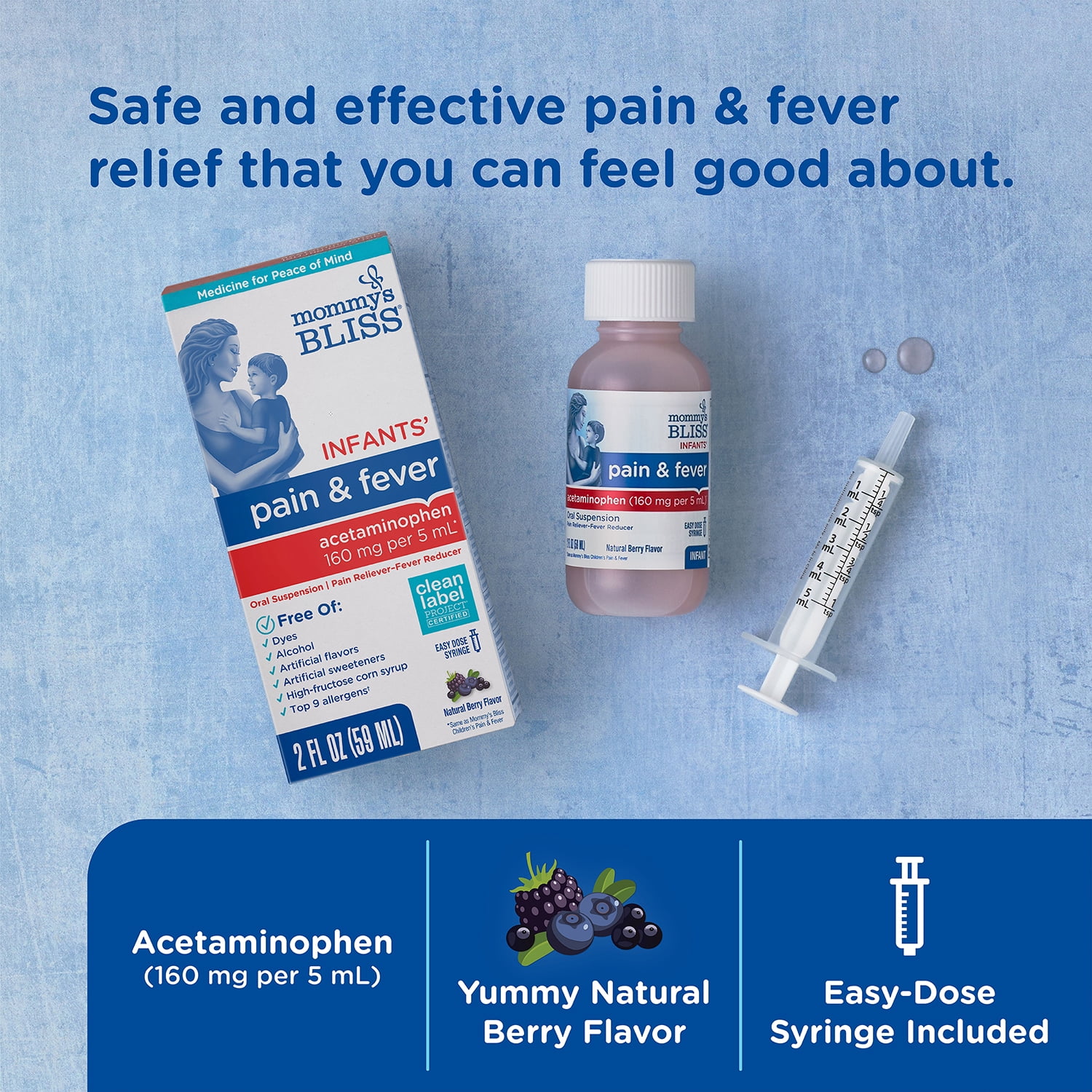 Mommy’s Bliss® Infant Pain & Fever Relief Liquid, Acetaminophen, Berry Flavor, Over-the-Counter, 2 fl oz