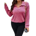 thumbnail image 3 of Suéter de Punto Informal de Talla Grande para Mujer, Cuello en V, Solapa, Color Liso, Camisa de Larga. Rosa XXXL, 3 of 8