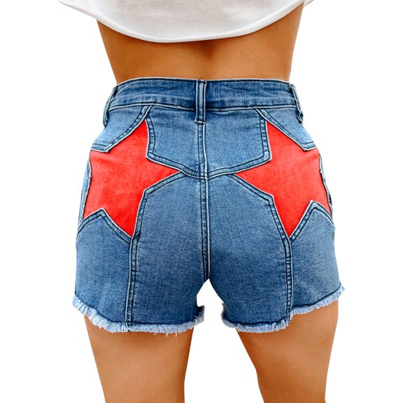Rdhnmea Women's Summer Denim Shorts Star Pattern Raw Hem Slim Jean Shorts