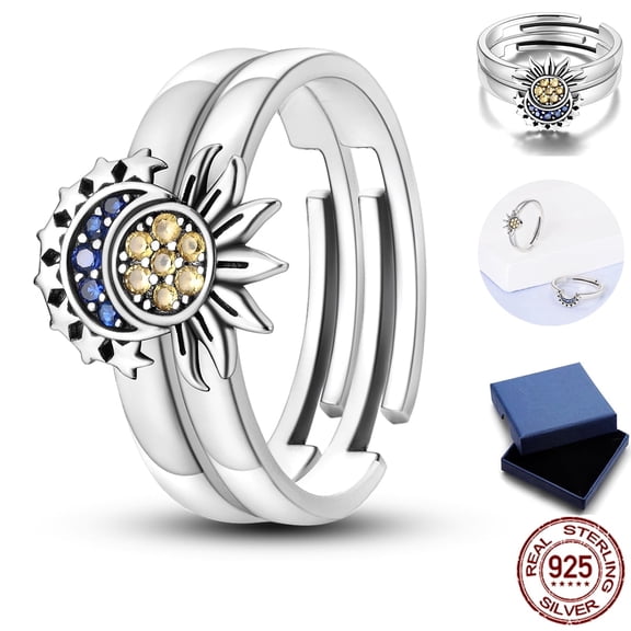 NARMO Romantic 925 Sterling Silver Adjustable Band Ring for Women, Sparkling Cubic Zirconia Stackable Sun Moon Hypoallergenic Birthday Jewelry Gift with Box