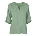thumbnail image 5 of T Shirts For Women Green Womens Tops Fashion Linen For Casual Solid Color V Neck 3/4 Sleeve Loose Blouses Summer Tops, 5 of 5